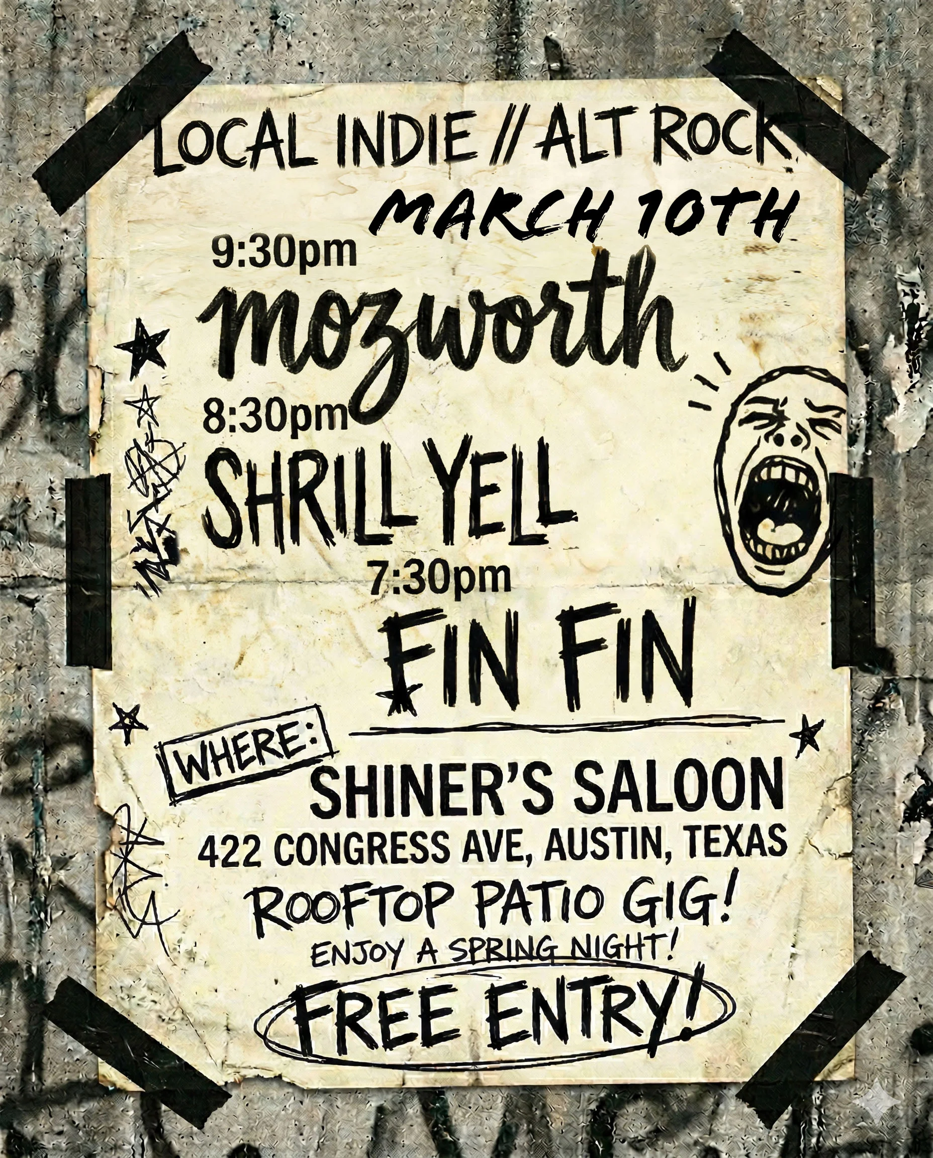 Local Indie Alt Rock: mozworth, Shrill Yell, Fin Fin at Shiner's Saloon, March 10th, 2026. Rooftop Patio Gig. Free entry.